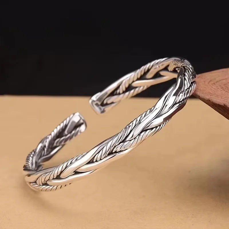 Antique Silver Twist Cuff Bracelet - Adjustable Open Bangle 7cm (2.75in) Unisex