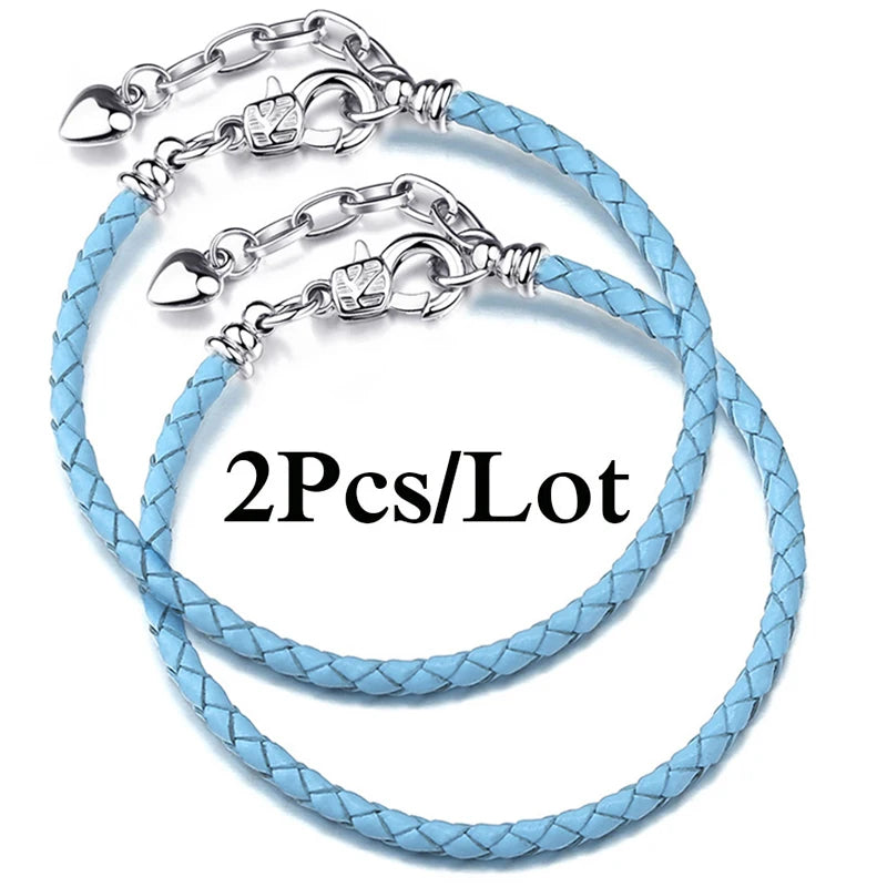 2-Pack Leather Chain Charm Bracelets with Beads – Handmade Couples Pulsera Jewelry (Unisex)