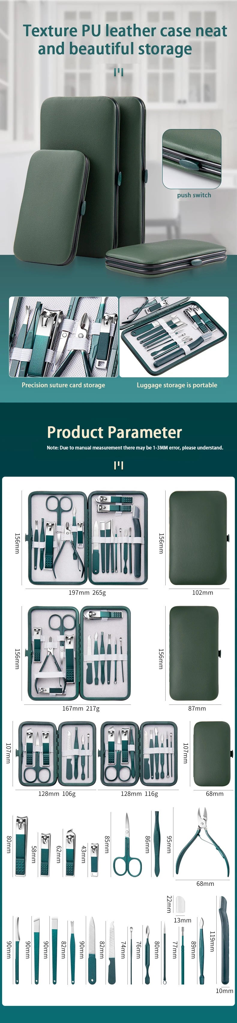 Professional 7-18 Piece Stainless Steel Manicure & Pedicure Set with Travel Case - Portable Nail Care Kit