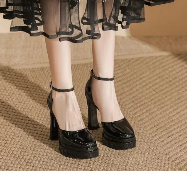 Women's Waterproof Patent PU Platform Sandals – 11 cm (4.3") Chunky Heel, Buckle Strap, White, EU 35-42