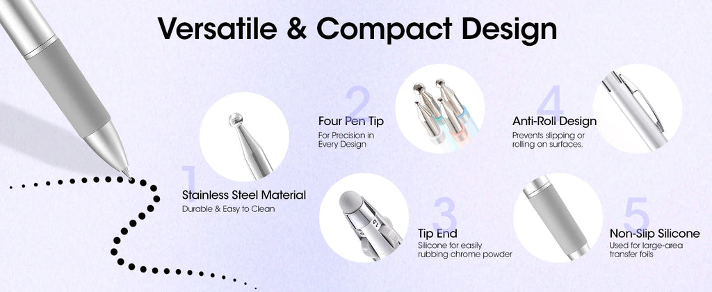 5-in-1 Double-Ended Nail Dotting Pen – 4 Stainless Steel Tips (0.8/1.0/1.6/2.0 mm) + Silicone Head for Chrome, Gradient & Rhinestones
