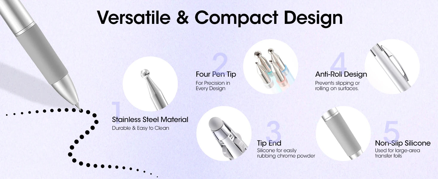 5-in-1 Double-Ended Nail Dotting Pen – 4 Stainless Steel Tips (0.8/1.0/1.6/2.0 mm) + Silicone Head for Chrome, Gradient & Rhinestones