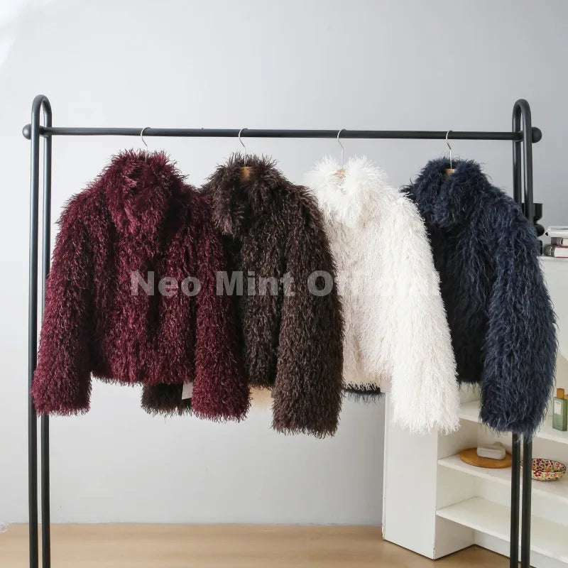 Neo Mint Faux Mongolia Sheep Fur Coat for Women Fluffy Warm Chic Streetwear Outerwear