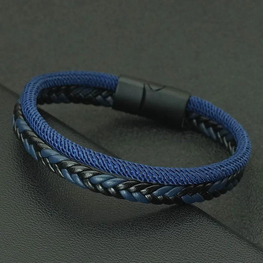 Men's Double-Layer Braided Leather Bracelet with Detachable Magnetic Buckle & Chain - Hiphop Street Armband