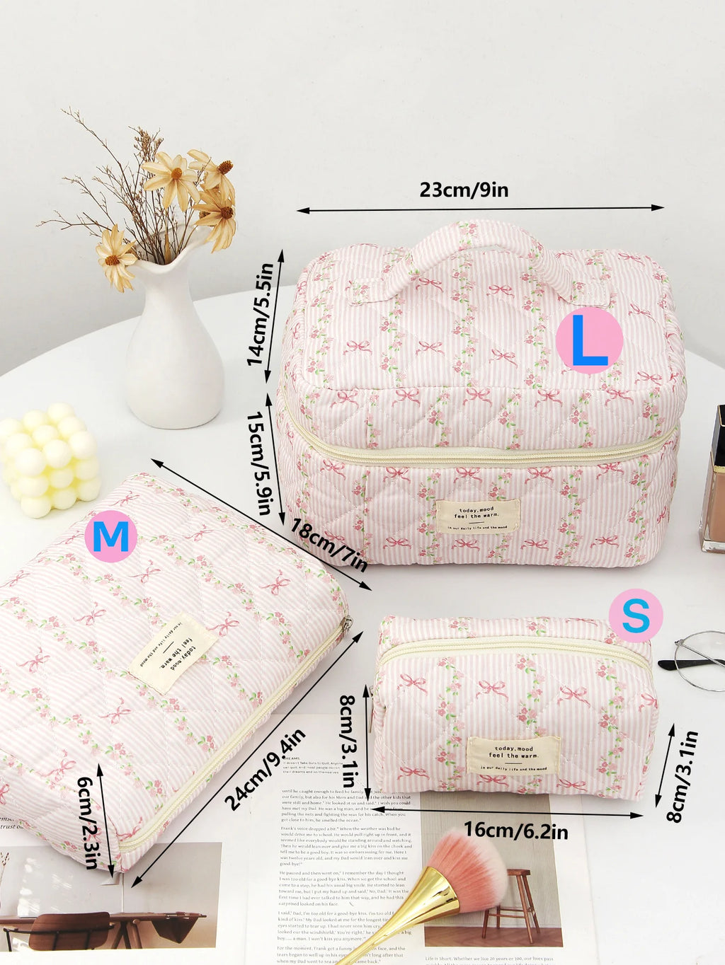 Quilted Cotton Makeup Bag – Zipper Cosmetic Organizer Box-Shaped Toiletry Case for Women & Girls