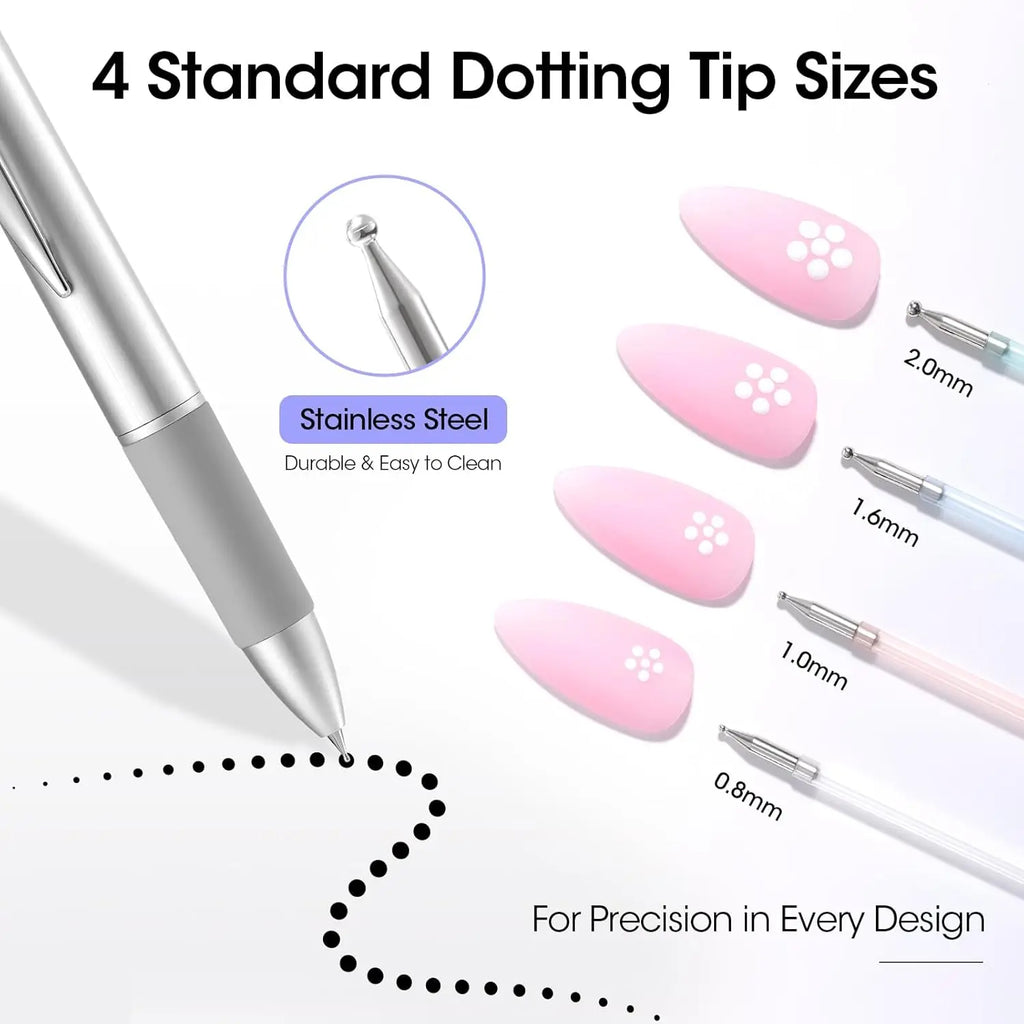 5-in-1 Double-Ended Nail Dotting Pen – 4 Stainless Steel Tips (0.8/1.0/1.6/2.0 mm) + Silicone Head for Chrome, Gradient & Rhinestones