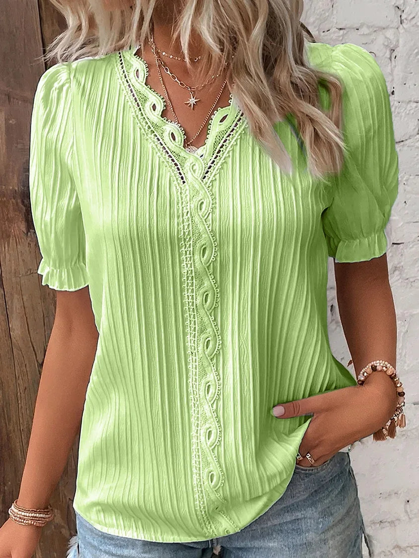 Women's Summer V-Neck Hollow Short Sleeve Top - Chiffon Splice Loose Plus Size Blouse
