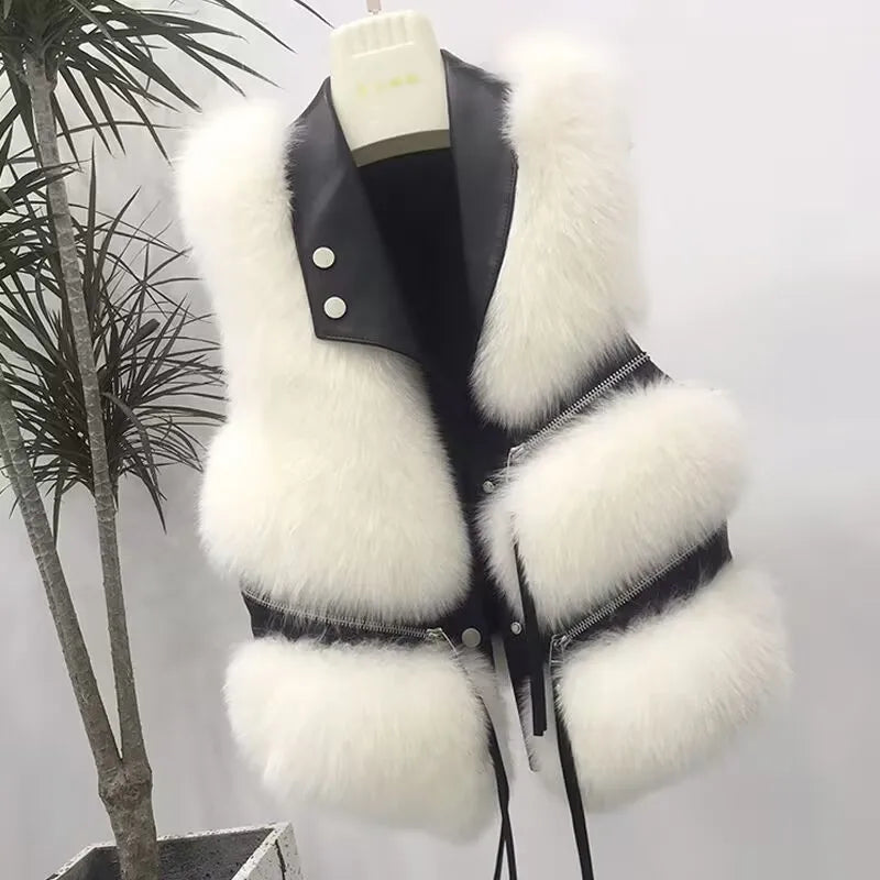 Women's Faux Fur Plush Vest – Sleeveless Zipper Waistcoat with PU Leather Trim, Cozy Autumn/Winter Outerwear