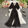 V-Neck Dolman Sleeve Polka Dot High-Waist Wide-Leg Jumpsuit for Women