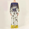 VEITCHE Women's Off-Shoulder Print 2-Piece Set — Long Sleeve Blouse & High-Waist Wide-Leg Pants