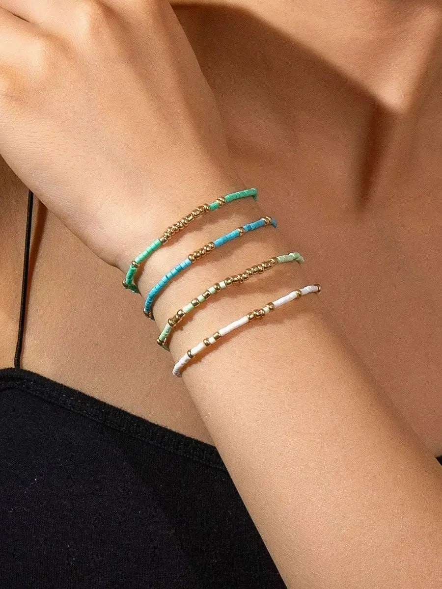 Boho Seed Bead Stretch Bracelet Set - 4-Pack Gold Elastic Bangles for Women, Handmade Geometric Summer Jewelry