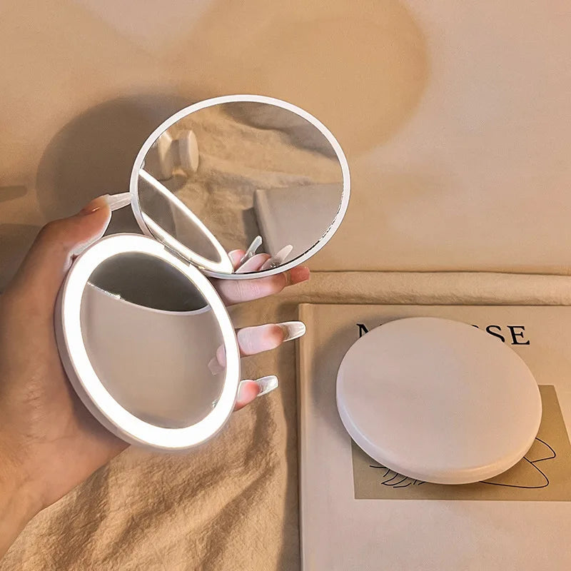 Portable LED Makeup Mirror — Pocket Mini Handheld Folding Lighted Round Mirror
