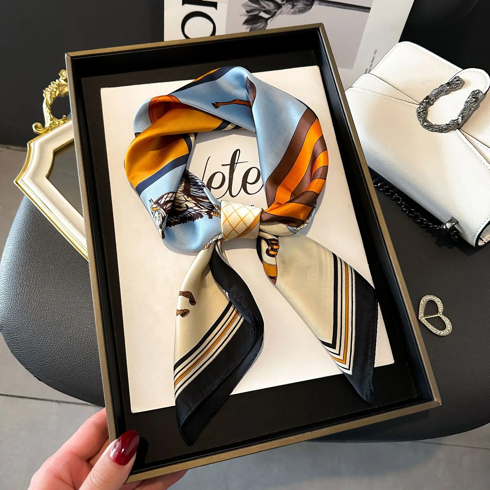 Luxury Square Silk-Feel Scarf 70 x 70 cm (27.6 x 27.6 in) Korean Fashion Floral Bandana Kerchief Wrap