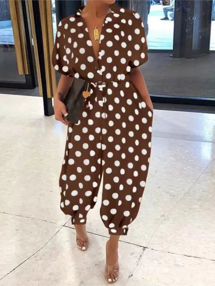Women's Short Sleeve Lace-Up Dot Leopard Print Jumpsuit with Pockets, Casual Vintage Wide-Leg Ankle-Length