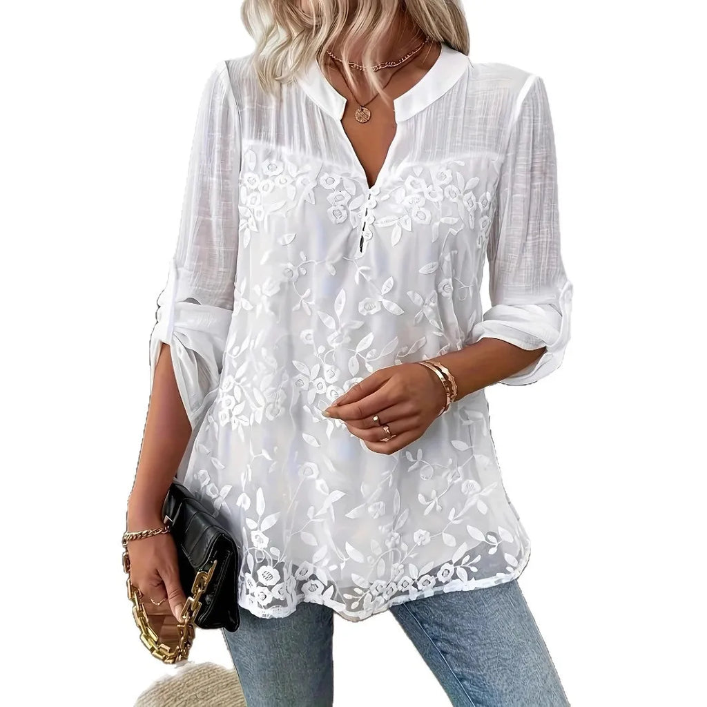 Women's White Lace V-Neck Pullover Top Hollow-Out Casual Loose Blouse for Office & Summer
