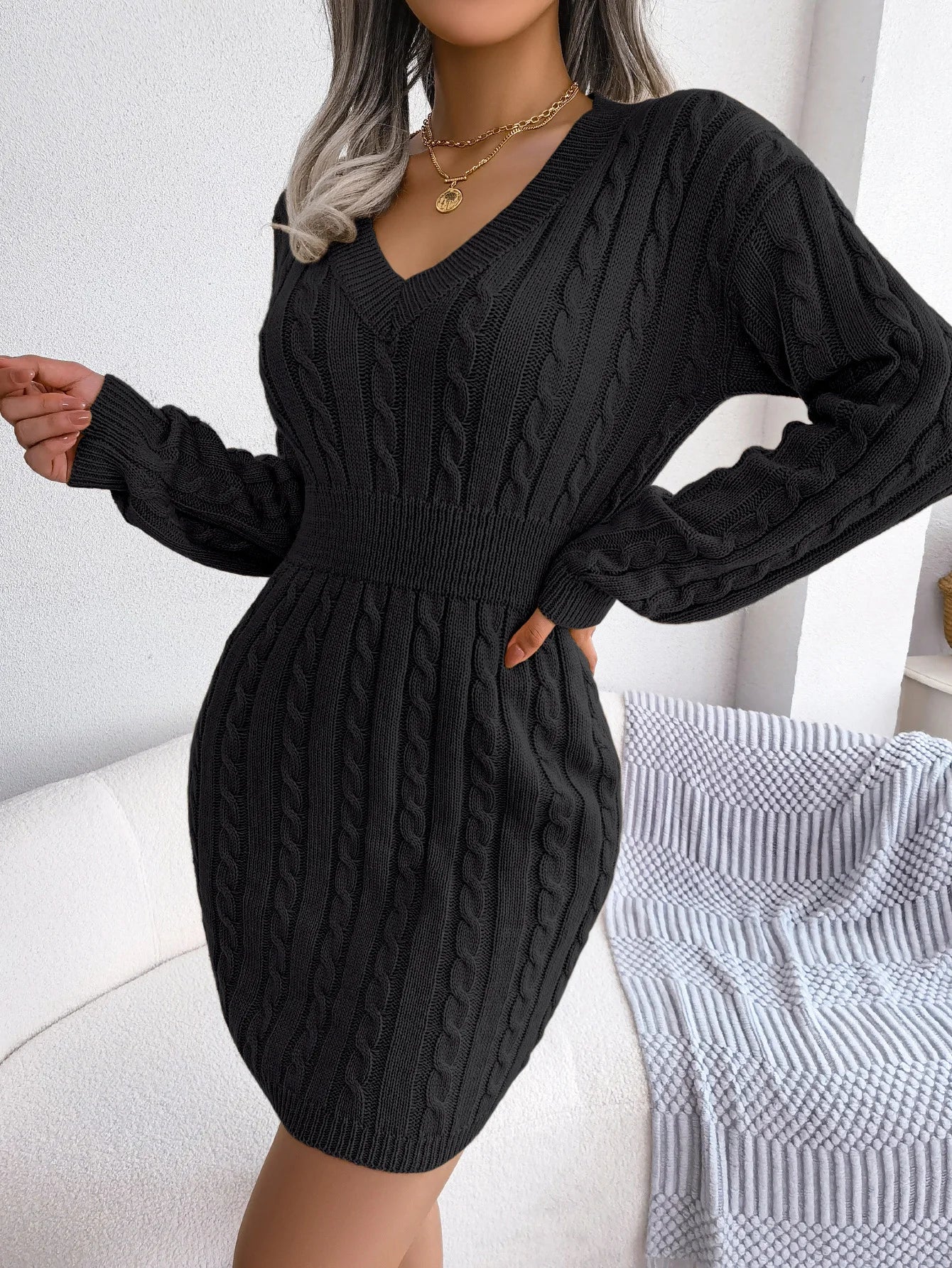 VigoCasey V-Neck Long Sleeve Knit Dress – Women's Autumn/Winter Solid Bodycon A-Line Ankle-Length