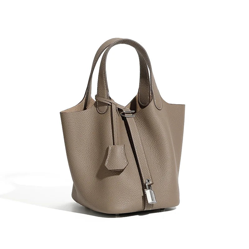 Women's Leather Bucket Bag – Basket-Style Drawstring Handbag, Mommy Bag for Bridal & Wedding