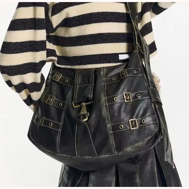 Retro Punk Distressed Leather-Look Tote Bag for Women - Large Capacity Harajuku Shoulder Bag