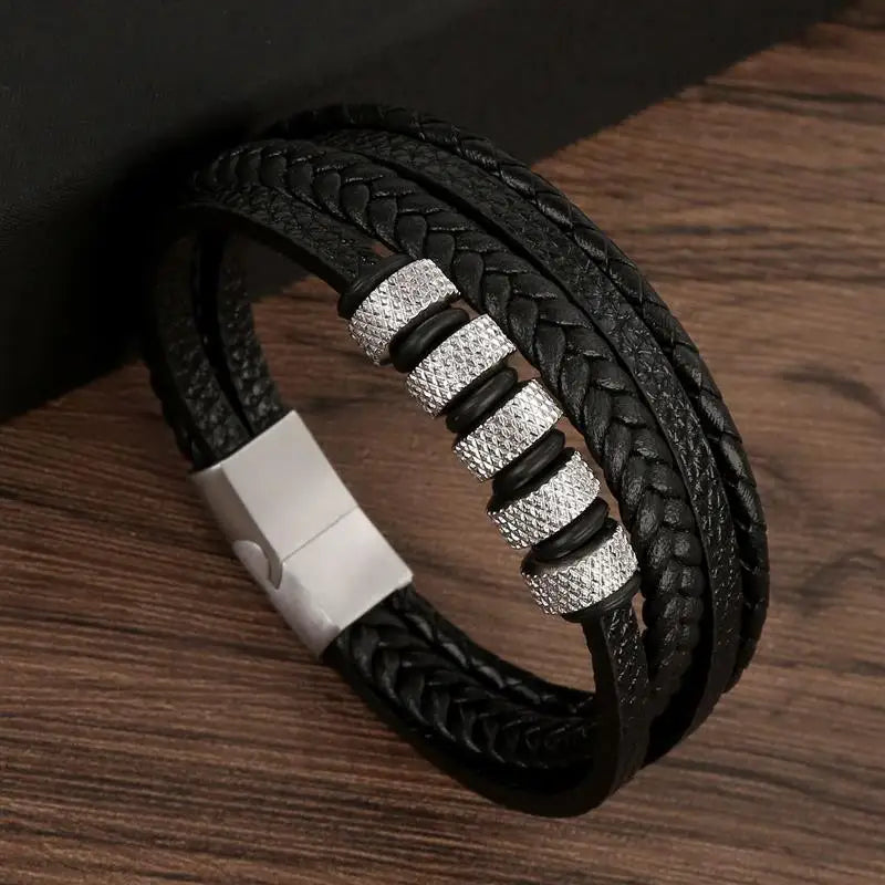 Men's Multi-Layer Woven Leather Bracelet with Alloy Magnetic Buckle - Punk Style, 19/21/23 cm (7.5/8.3/9.1 in)