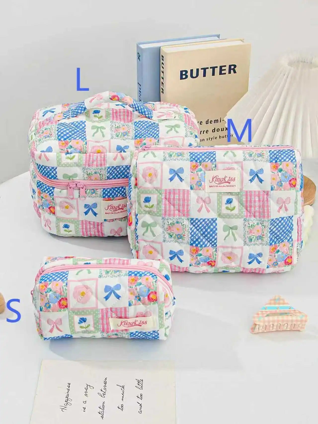Quilted Cotton Makeup Bag – Zipper Cosmetic Organizer Box-Shaped Toiletry Case for Women & Girls