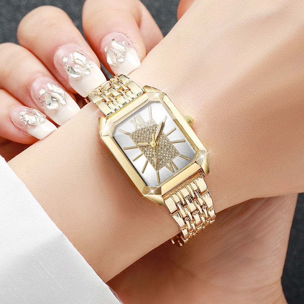 Women's Rectangle Quartz Watch – Stainless Steel Strap, Roman Numeral Dial, Fashion Casual