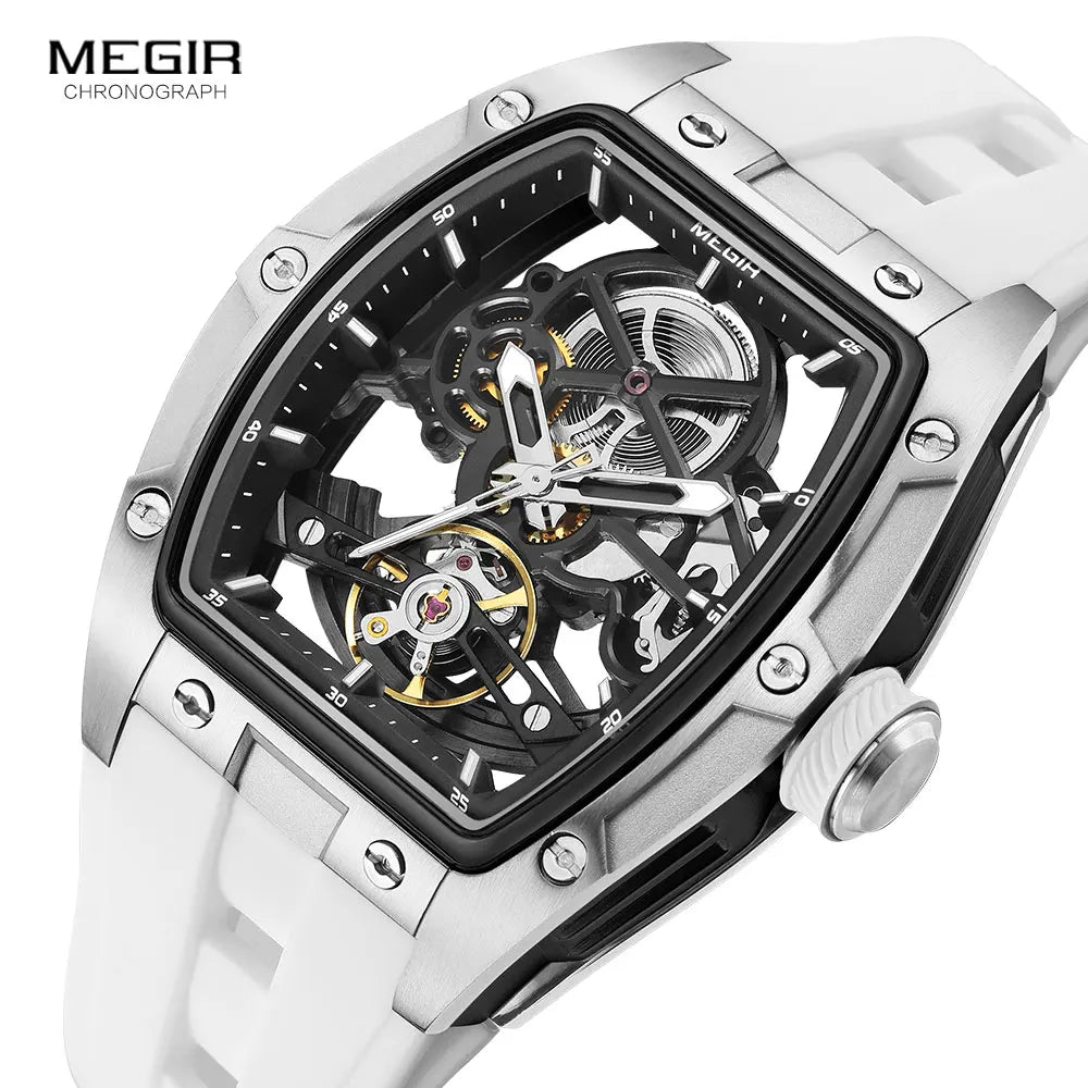 MEGIR Automatic Mechanical Men's Skeleton Watch 40-44mm (1.57-1.73 in) Stainless Steel Tonneau Case Silicone Strap 3ATM Water Resistant