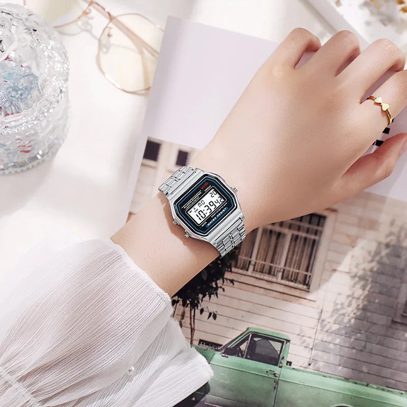 Luxury Rose Gold Digital LED Watch for Women & Men – Retro Rectangle Stainless Steel Band, 3ATM Water Resistant