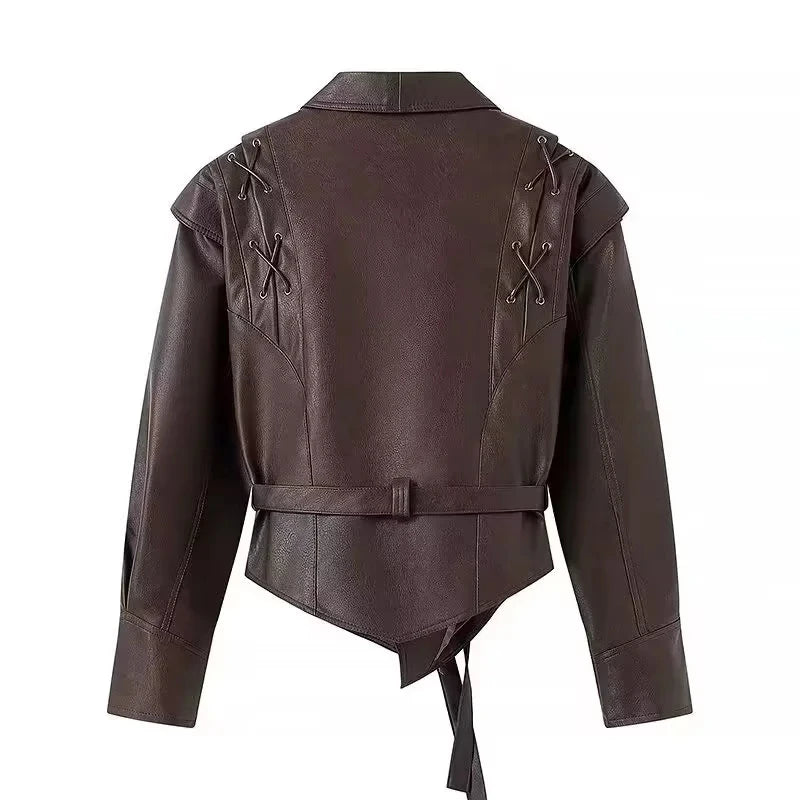 Women's Faux Leather Belted Coat with Fur Trim – Streetwear Elegant Outwear