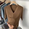 Women's Short Sleeve V-Neck Slim Fit Knit Sweater - Korean-Inspired Pullover Top