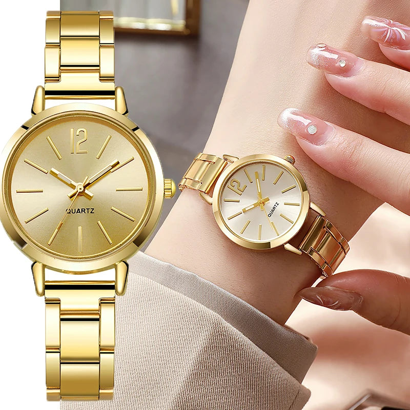Luxury Women’s Gold Bracelet Quartz Watch – Simple Round Dial Stainless Steel Elegant Wristwatch