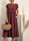 Women's Cotton-Linen Maxi Dress, Short Sleeve O-Neck Loose Sundress with Pockets, Vintage Harajuku Y2K