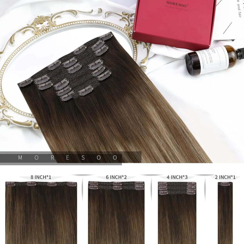 Moresoo Brazilian Remy Clip-In Human Hair Extensions – Straight 5PC or 7PC Set, 10–24 in (25–61 cm)