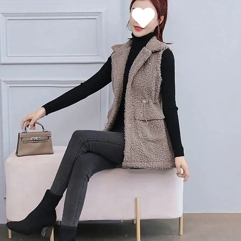 Women's Mid-Length Faux Sheepskin Vest - Faux Lambswool Fur Jacket with Integrated Shoulder Pads, Buttons & Pockets