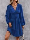 Asymmetric V-Neck Lantern Sleeve Knit Dress – Shirred Waist A-Line Winter Dress for Women
