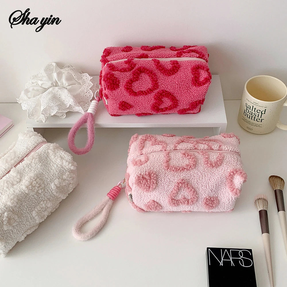Plush Travel Makeup Bag with Handle, Soft Love-Print Cosmetic Organizer Pouch