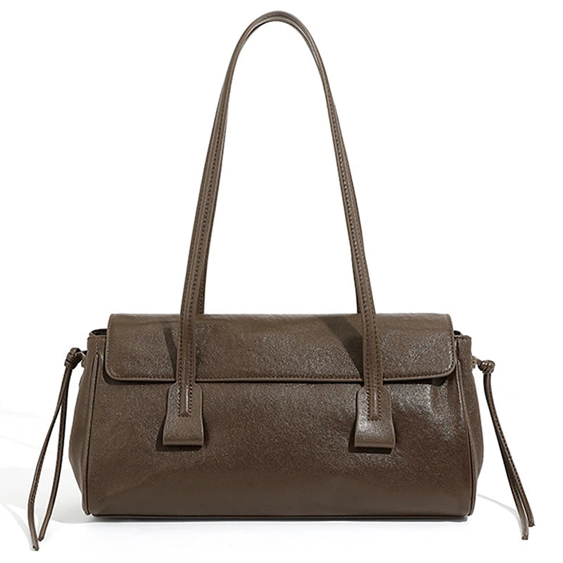 Genuine Cowhide Leather Women's Shoulder Bag Large Capacity Black Baguette Handbag with Long Strap