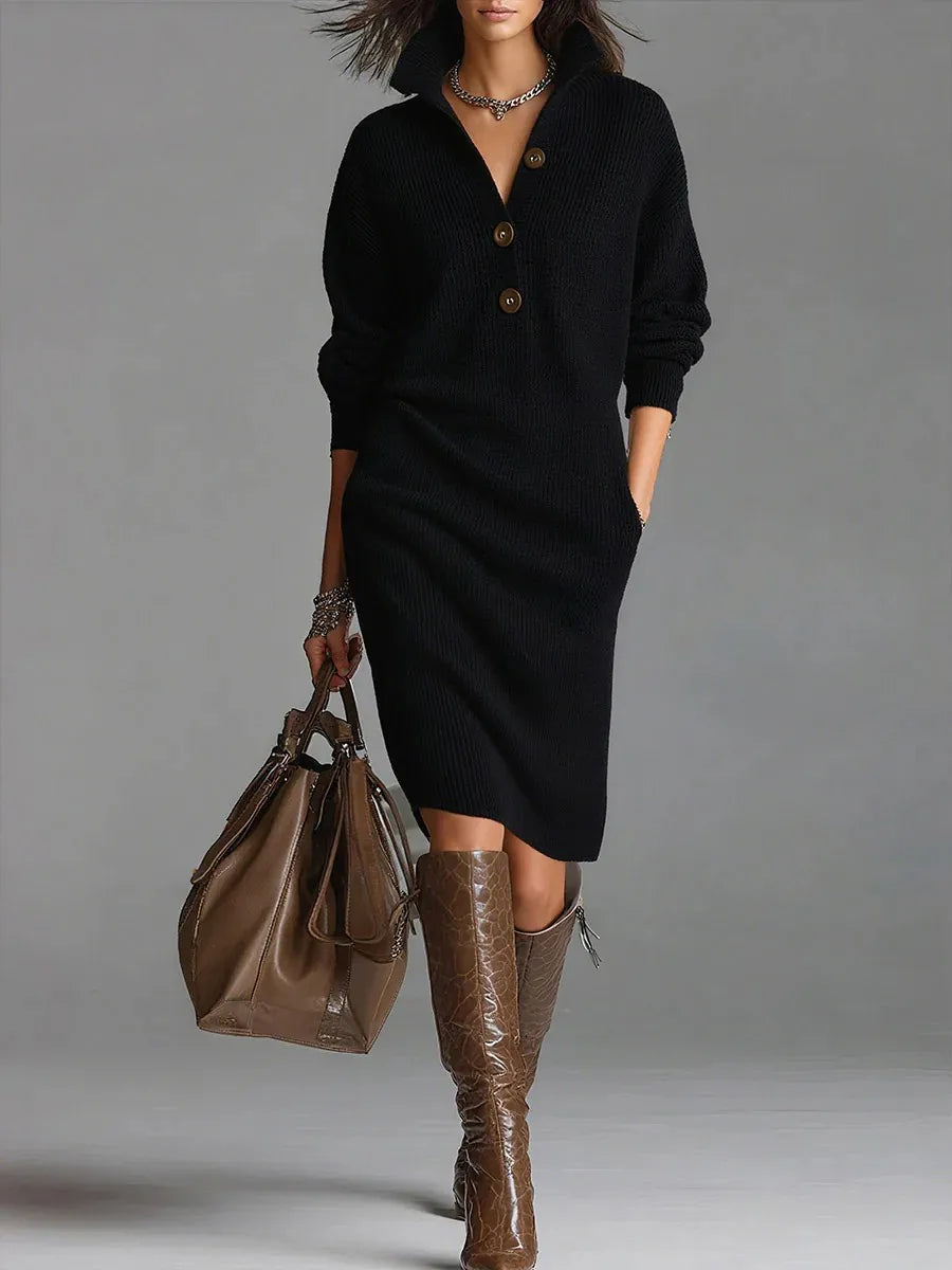 Women's V-Neck Button Lapel Knitted Sweater Dress — Knee-Length A-Line Casual (Spring/Autumn)