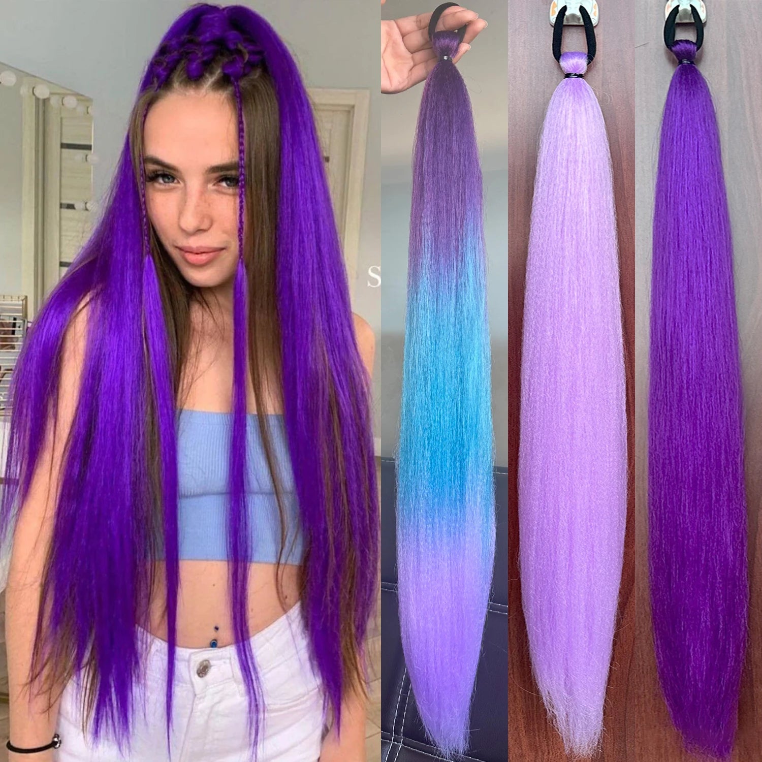 Purple Synthetic Ponytail Extension with Elastic Band – Long Straight Yaki Hairpiece for Braids & DIY Styles