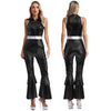 Women's 70s Disco Metallic Jumpsuit – Retro Hippie Bell-Bottom with Tiered Flare Sleeves, Back-Zip Party Costume