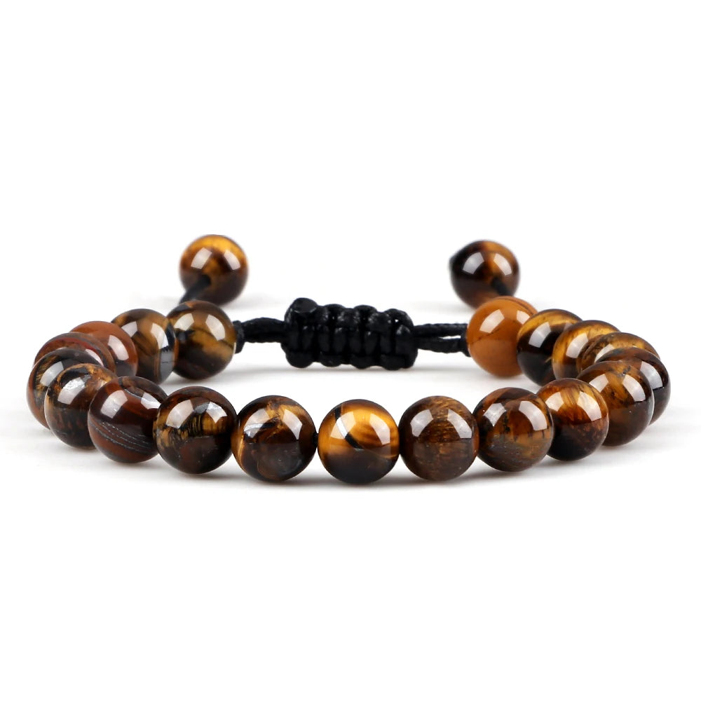 8mm Tiger Eye & Lava Stone Adjustable Braided Bracelet — Unisex Beaded Yoga Healing Energy Bracelet