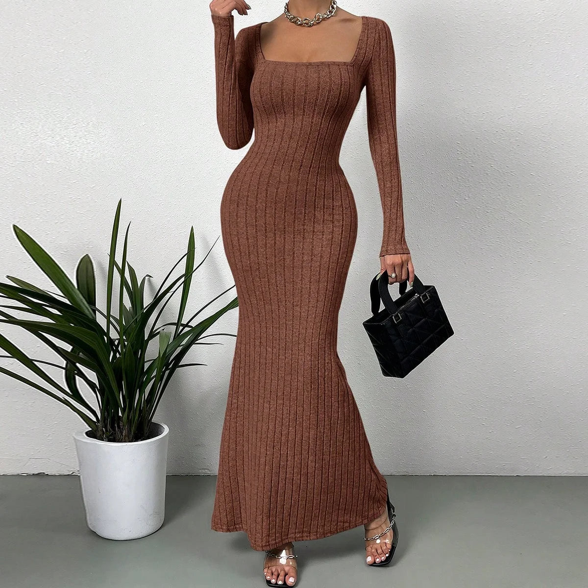 Women's Square Neck Mid-Length Knit Dress Slim Fit Long Sleeve Wrap Retro Fall Casual