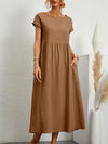 Women’s Vintage Cotton-Linen O-Neck Short Sleeve Maxi Dress – Casual Loose Pleated Summer Sundress