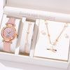 6-Piece Red Women’s Watch & Cherry Jewelry Gift Set – Minimalist Quartz Watch with Leather Strap
