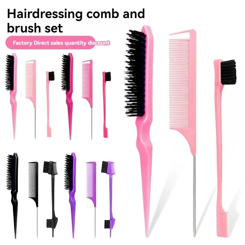 3-Piece Hair Comb & Eyebrow Brush Set - Tail Comb, 3-Row Detangling Comb, Steel Pin Tail Comb