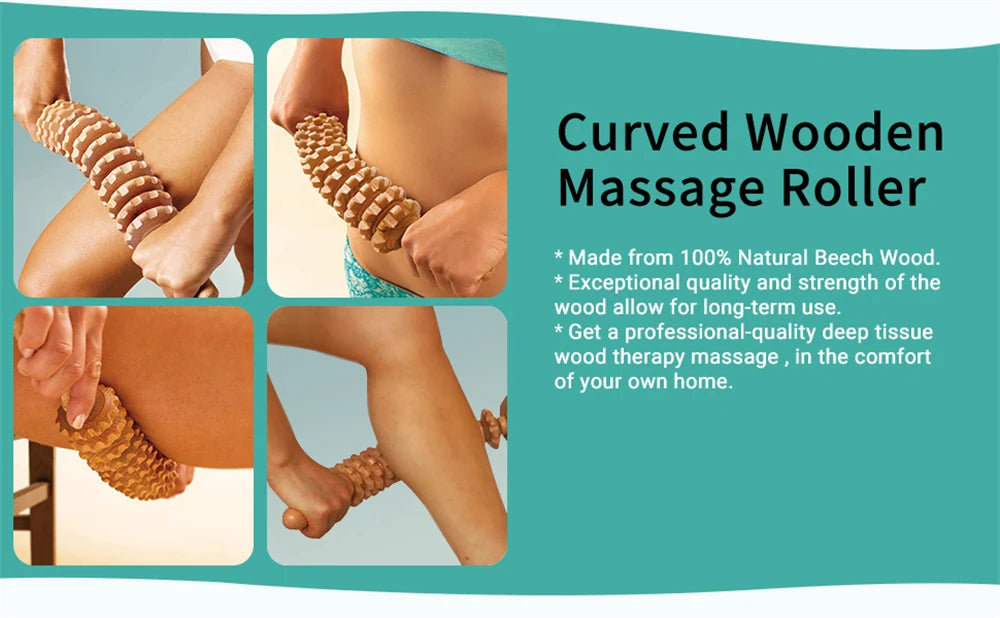 Curved Beech Wood Massage Roller – Anti-Cellulite Lymphatic Drainage & Deep Tissue Body Massager Stick