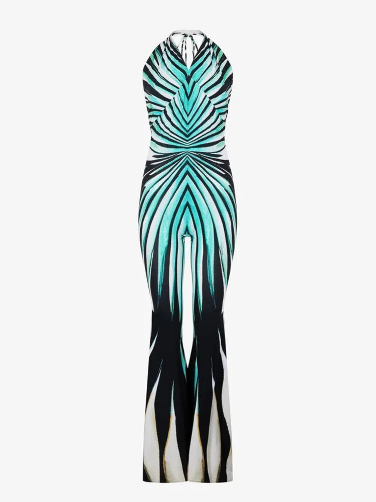 Ahagaga Women's Printed Halter Jumpsuit — Cutout Bandage Bodice, Striped Flare Pants, Slim Fit Summer Streetwear