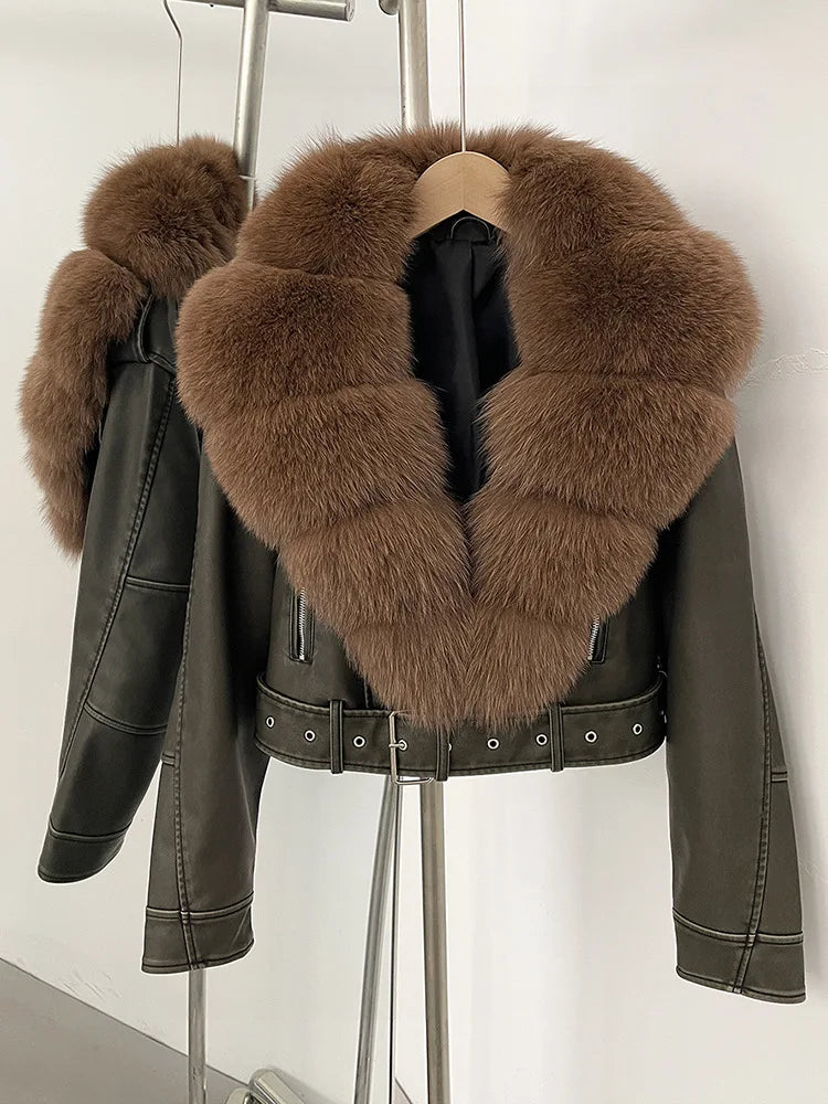 ZMEENNA Women's Faux Leather Moto Jacket with Detachable Faux Fur Collar - Short Warm Winter Coat