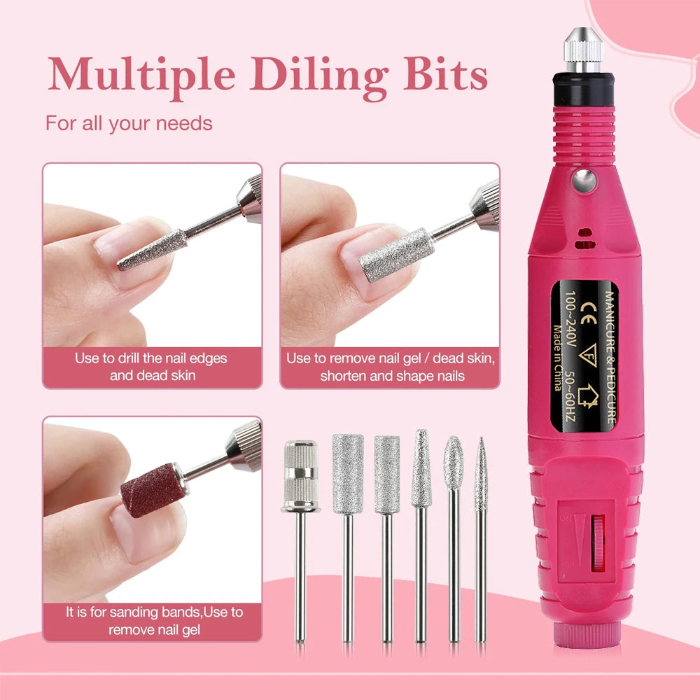 Electric Nail Drill Kit - Portable Professional Manicure & Pedicure Nail Sander, 20,000 RPM, 6 Bits & 6 Sand Bands