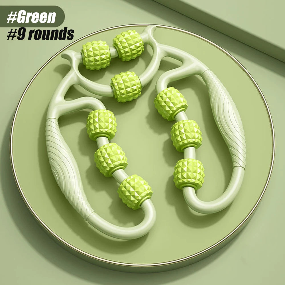 9-Wheel Handheld Deep Tissue Muscle Roller Stick — Myofascial & Trigger Point Massager for Neck, Thighs, Calves & Legs