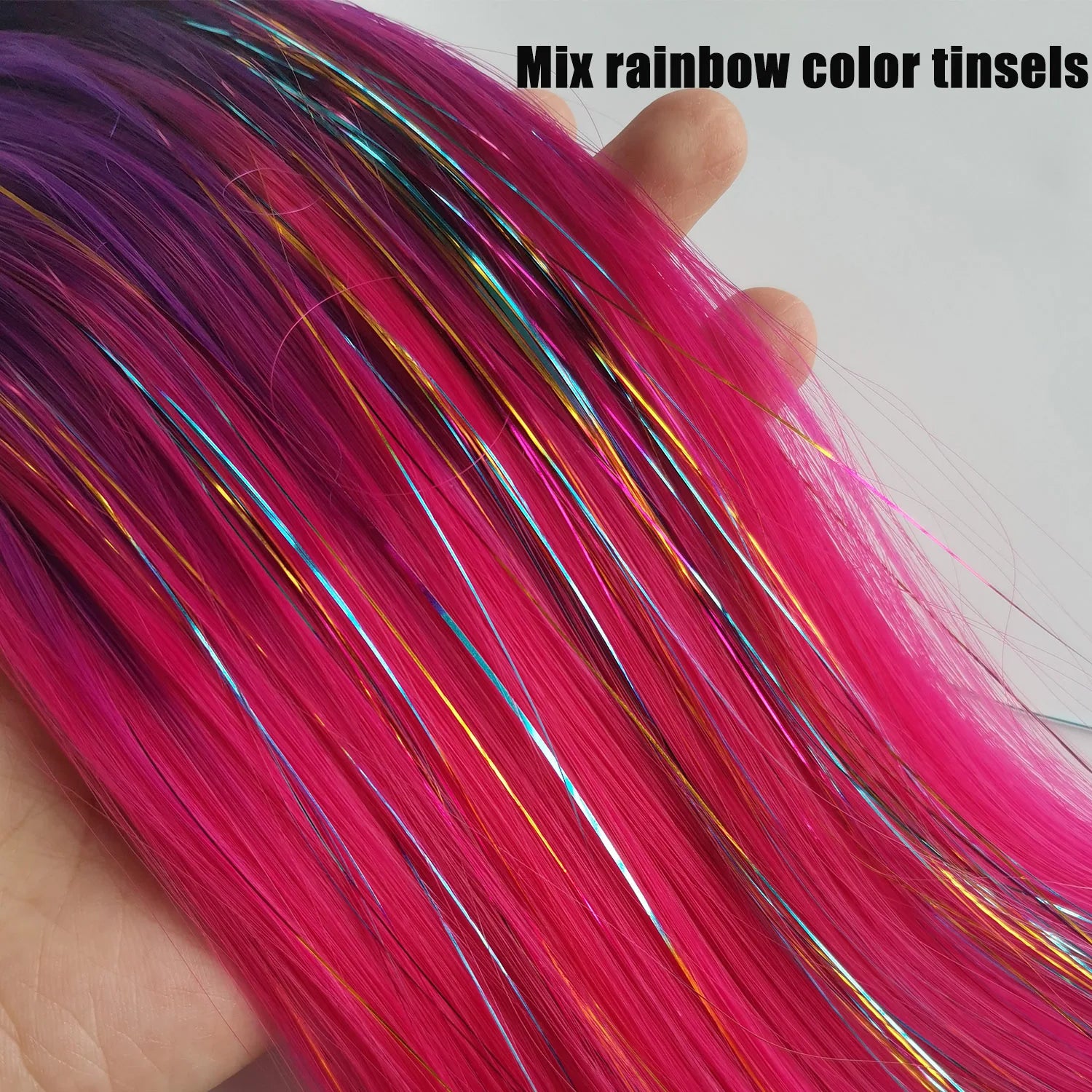 Purple Red Pink Ombre Tinsel Ponytail Extension with Elastic - 24in (60cm) 9-Strand Synthetic Hair for Girls, Crazy Hair Day